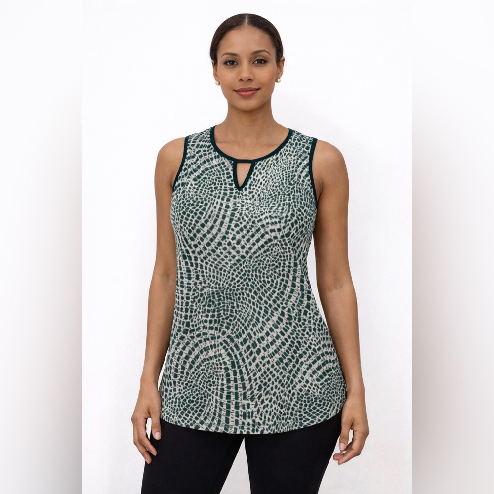 Emi & Joe Blouse Size Large Sleeveless Top Green and gold thin lines